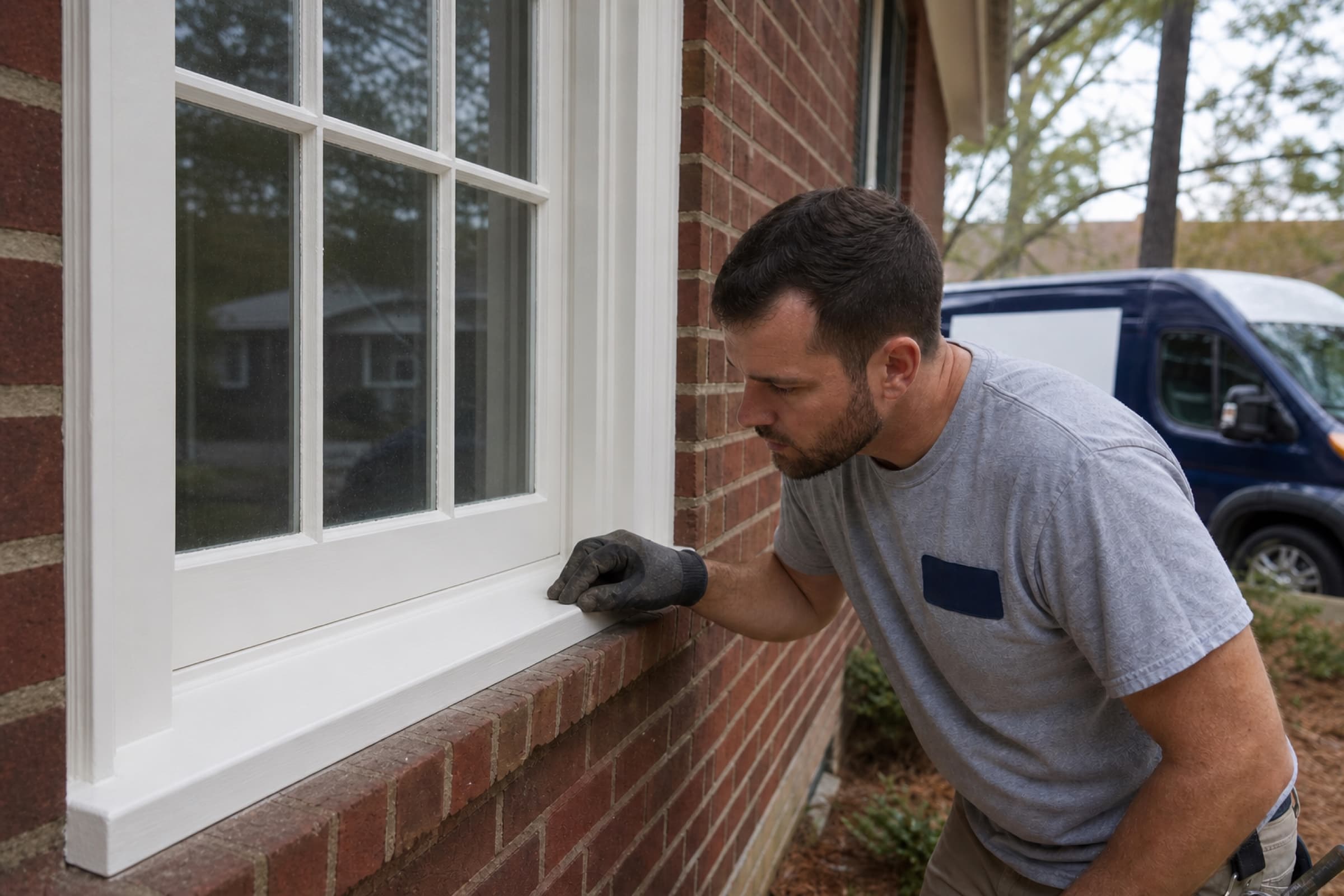 The same window repaired, reglazed and working, with a spliced replacement sill section