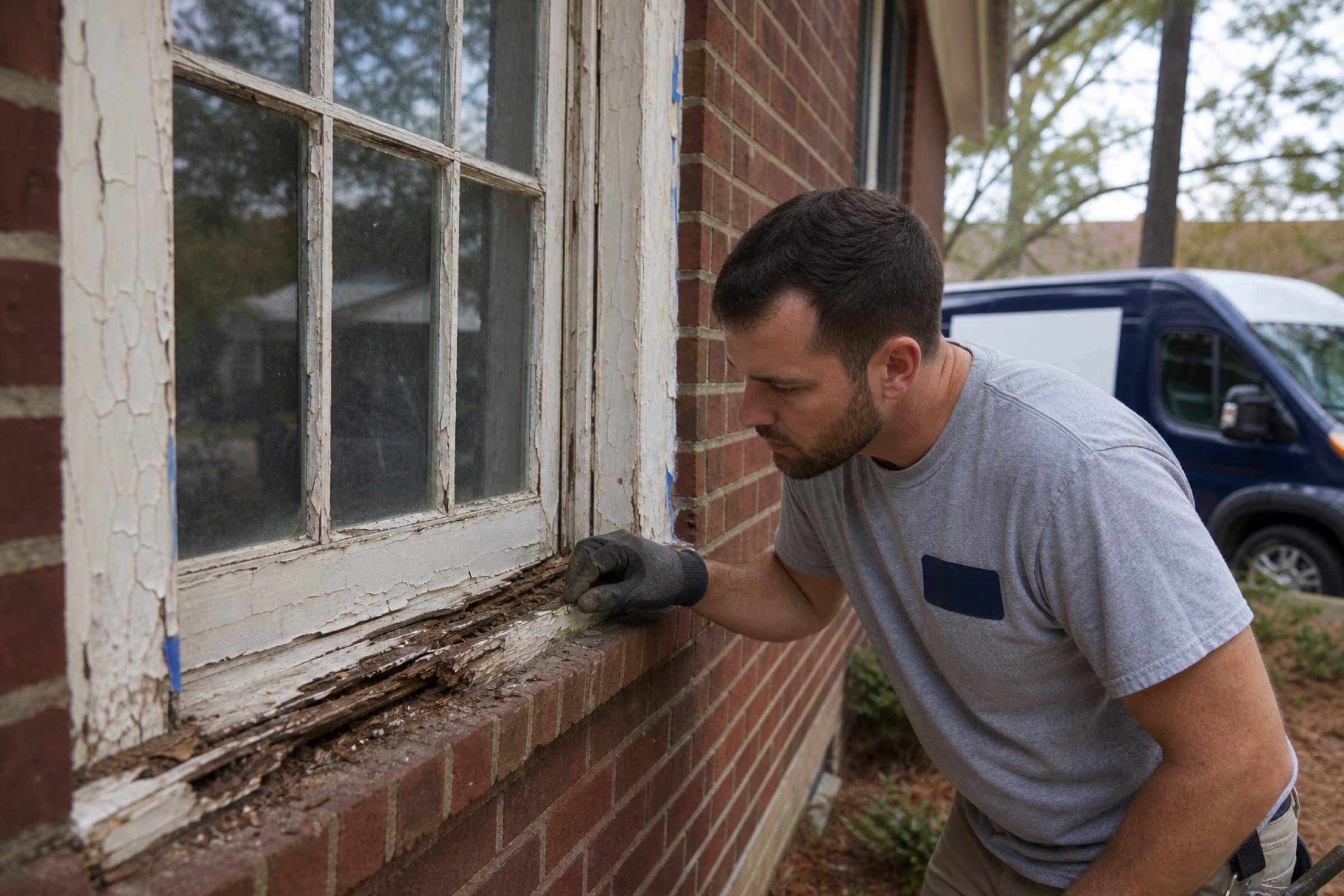 A painted-shut original casement window with rotten sill and failed glazing putty