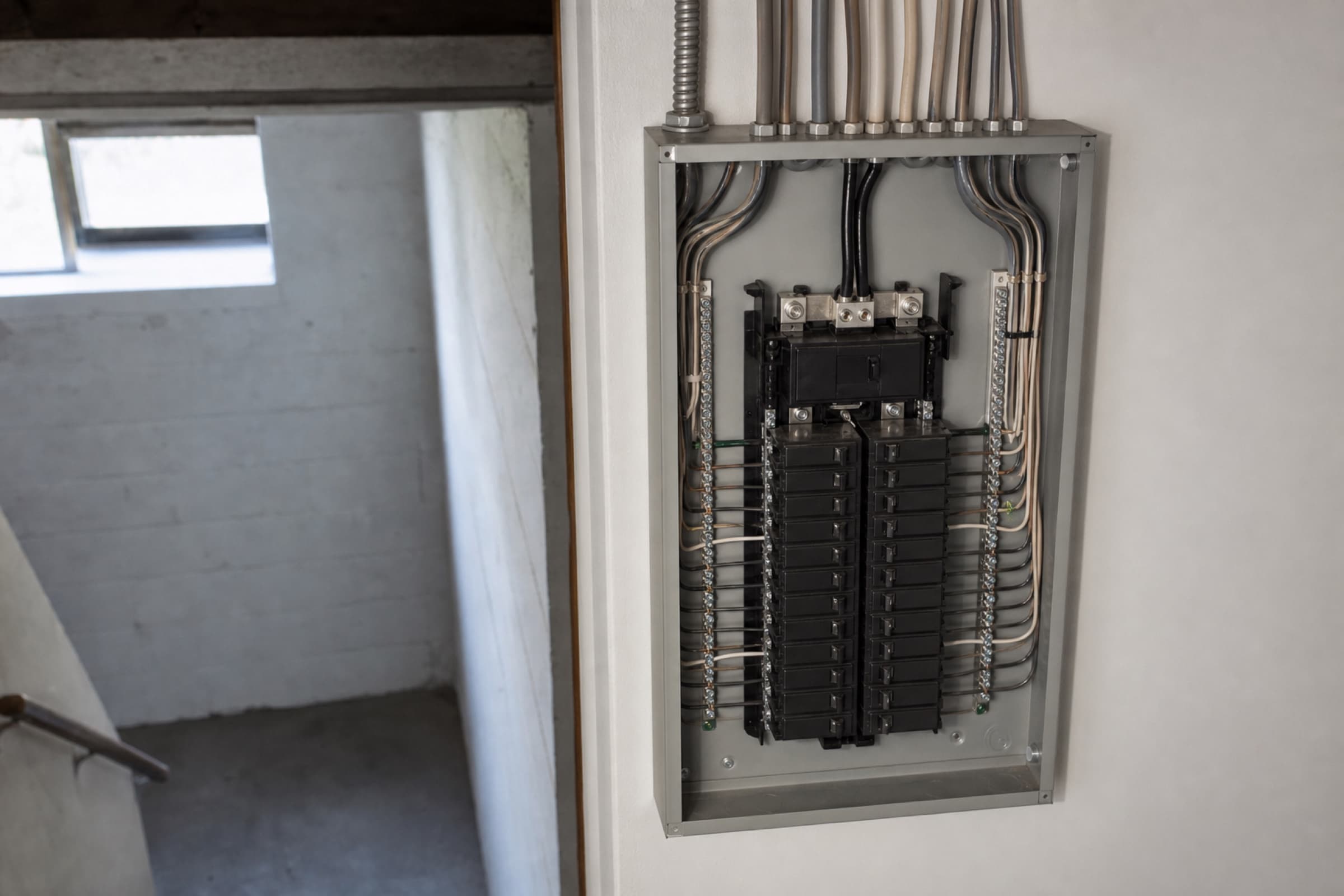 A new load centre with neatly dressed conductors, labelled breakers and a printed schedule inside the door