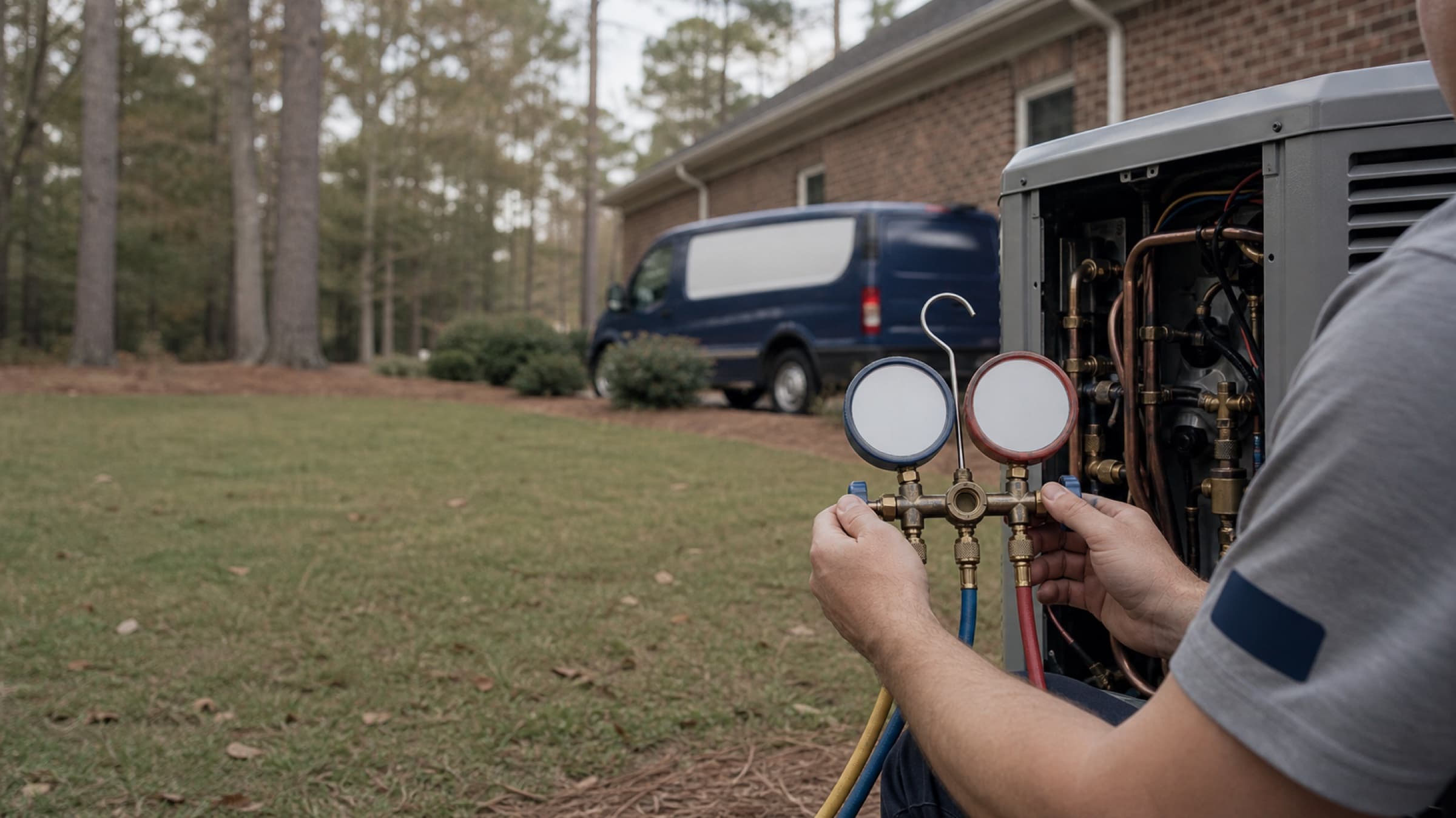 A technician's hands on a manifold gauge set at an outdoor condenser, service panel removed