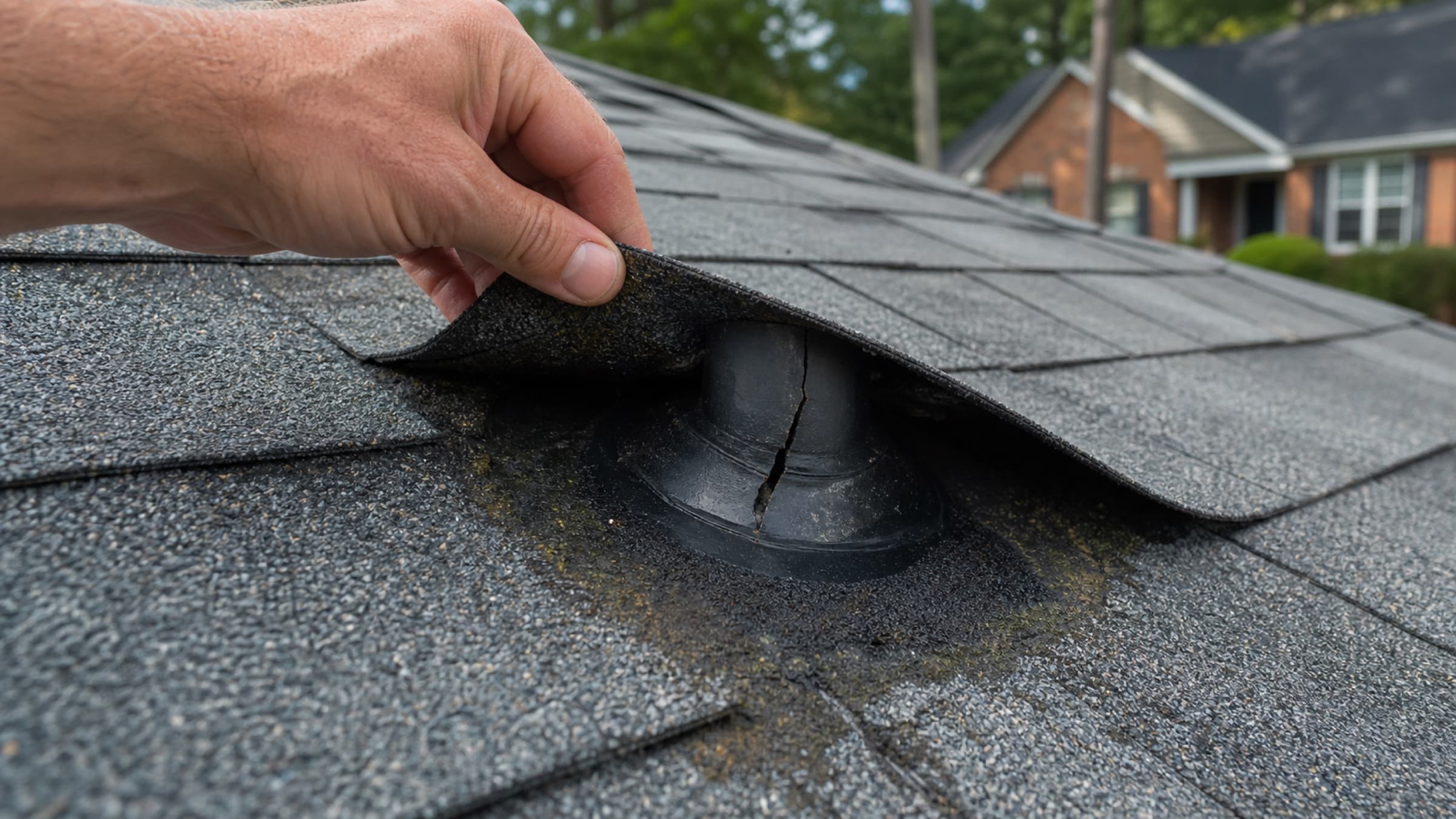A roofer lifting a shingle tab to reveal a cracked plastic pipe boot, photographed close