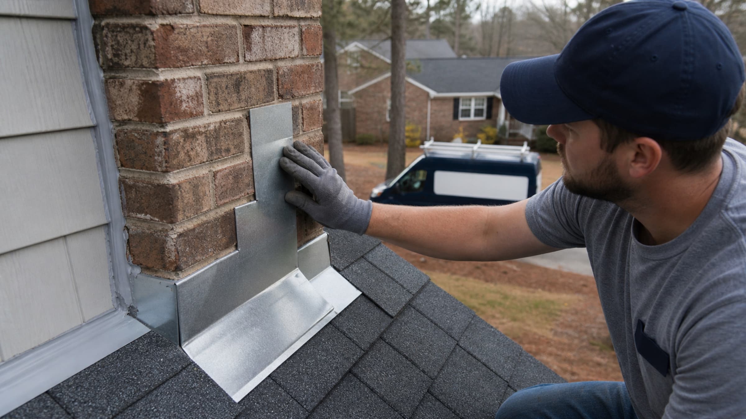 New step flashing installed at a chimney to sidewall junction with a fresh sealant bead