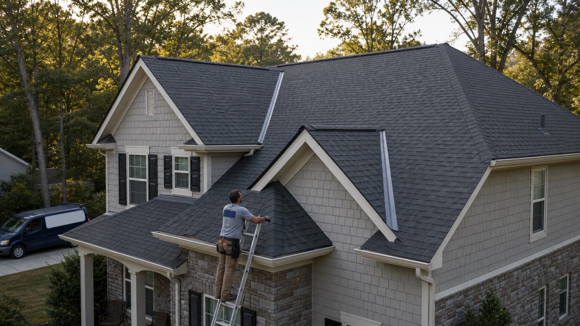 A clean architectural shingle roof freshly completed on a two-storey house, with new ridge vent and valley metal