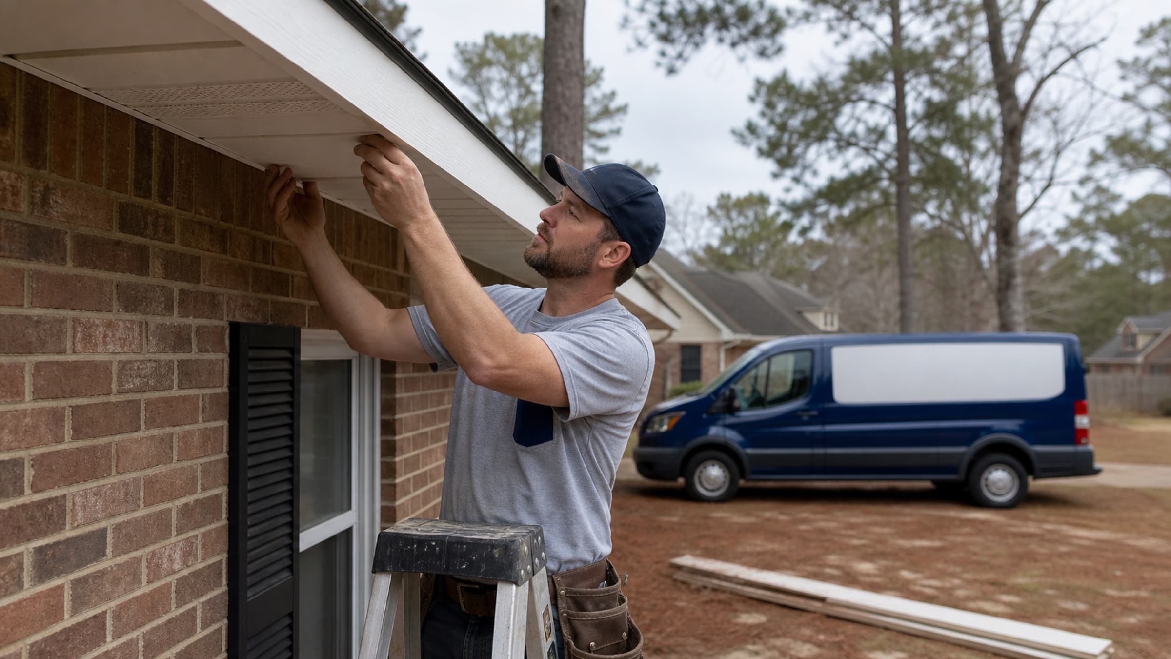 A carpenter fitting new vented soffit board under an eave, with fresh fascia primed and ready for gutter