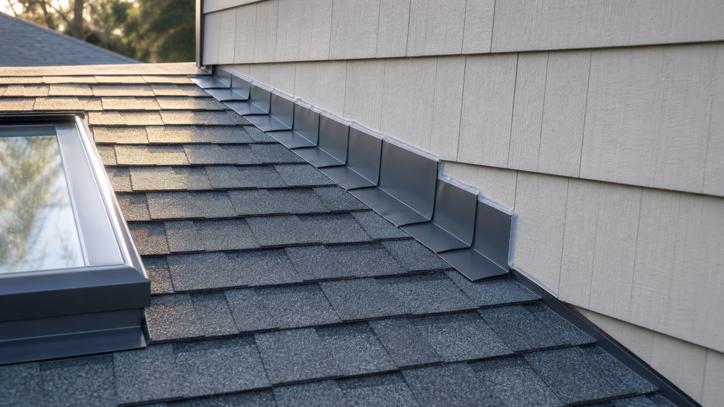 New step flashing woven into shingle courses where a roof meets a sidewall, with fresh counter flashing above