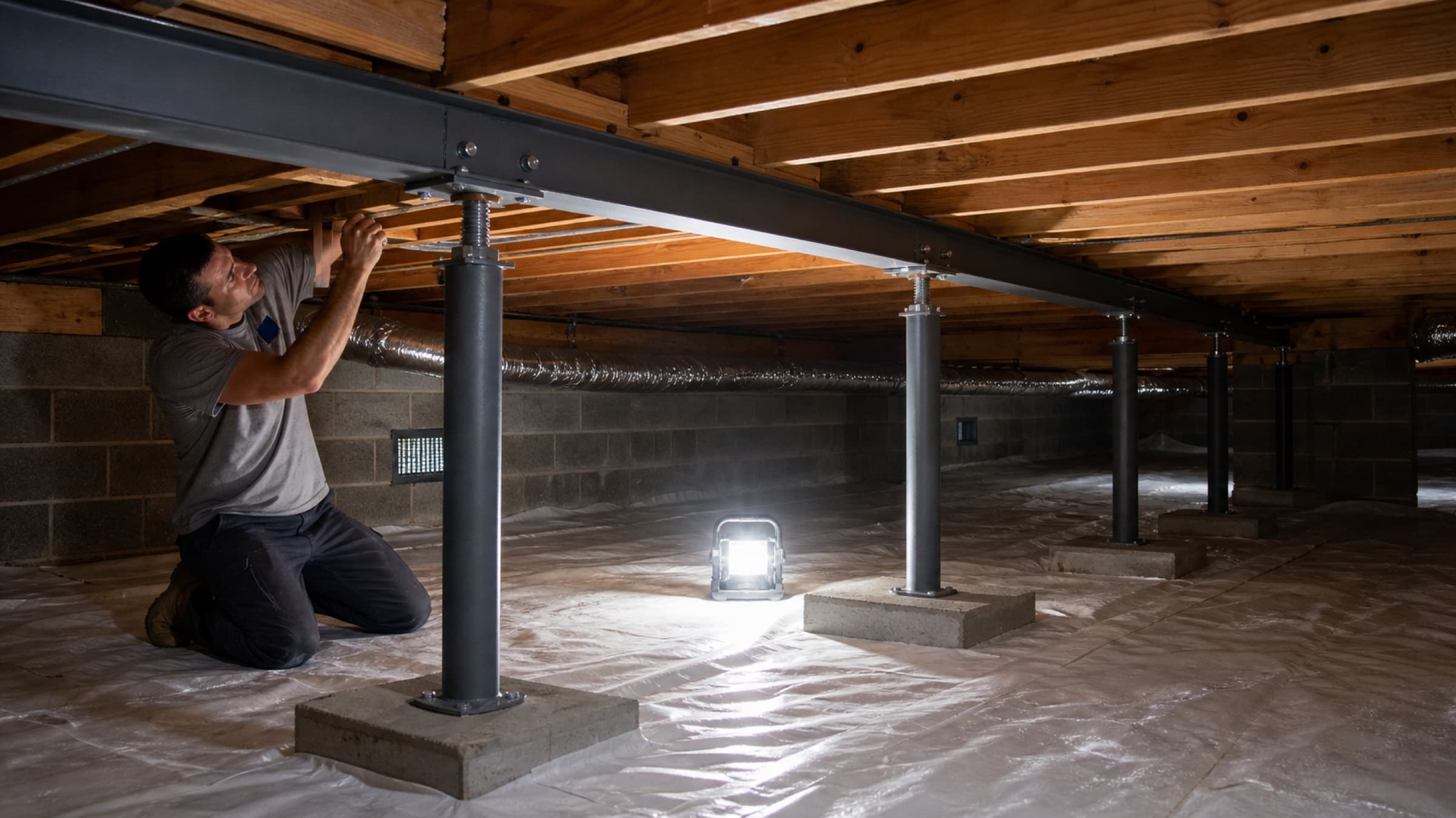 A new steel beam and adjustable columns installed in a crawlspace beneath repaired floor joists