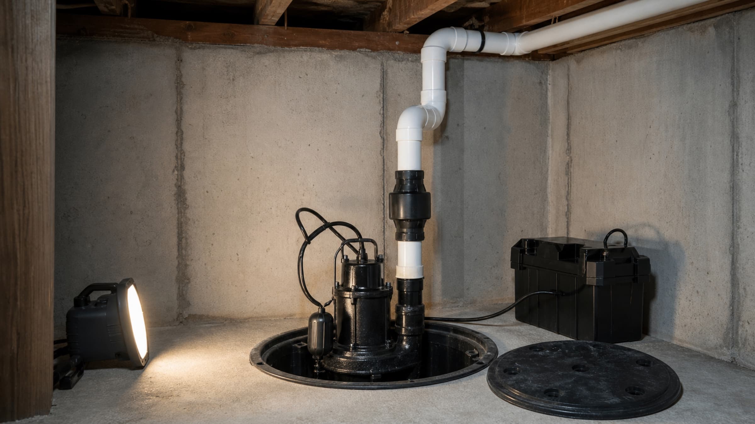 A newly installed cast iron sump pump in a clean basin with a check valve and battery backup unit beside it