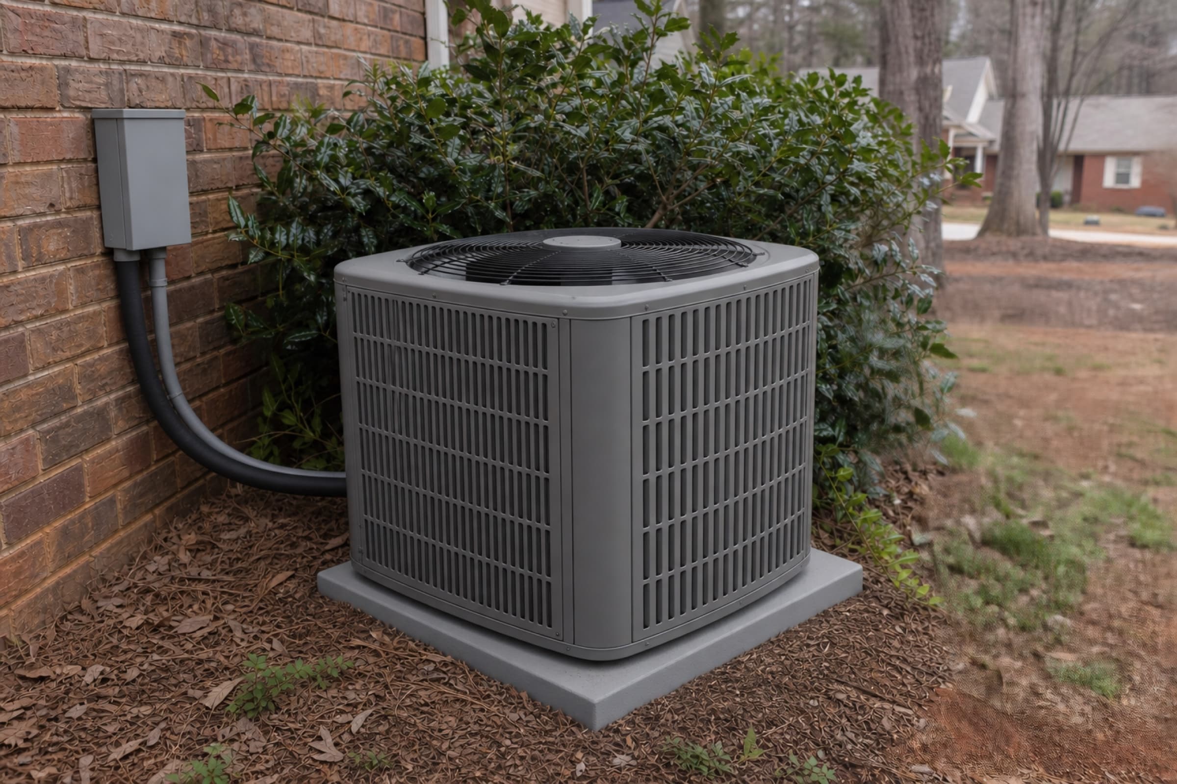 A new heat pump on a level pad with fresh line set insulation and a new disconnect