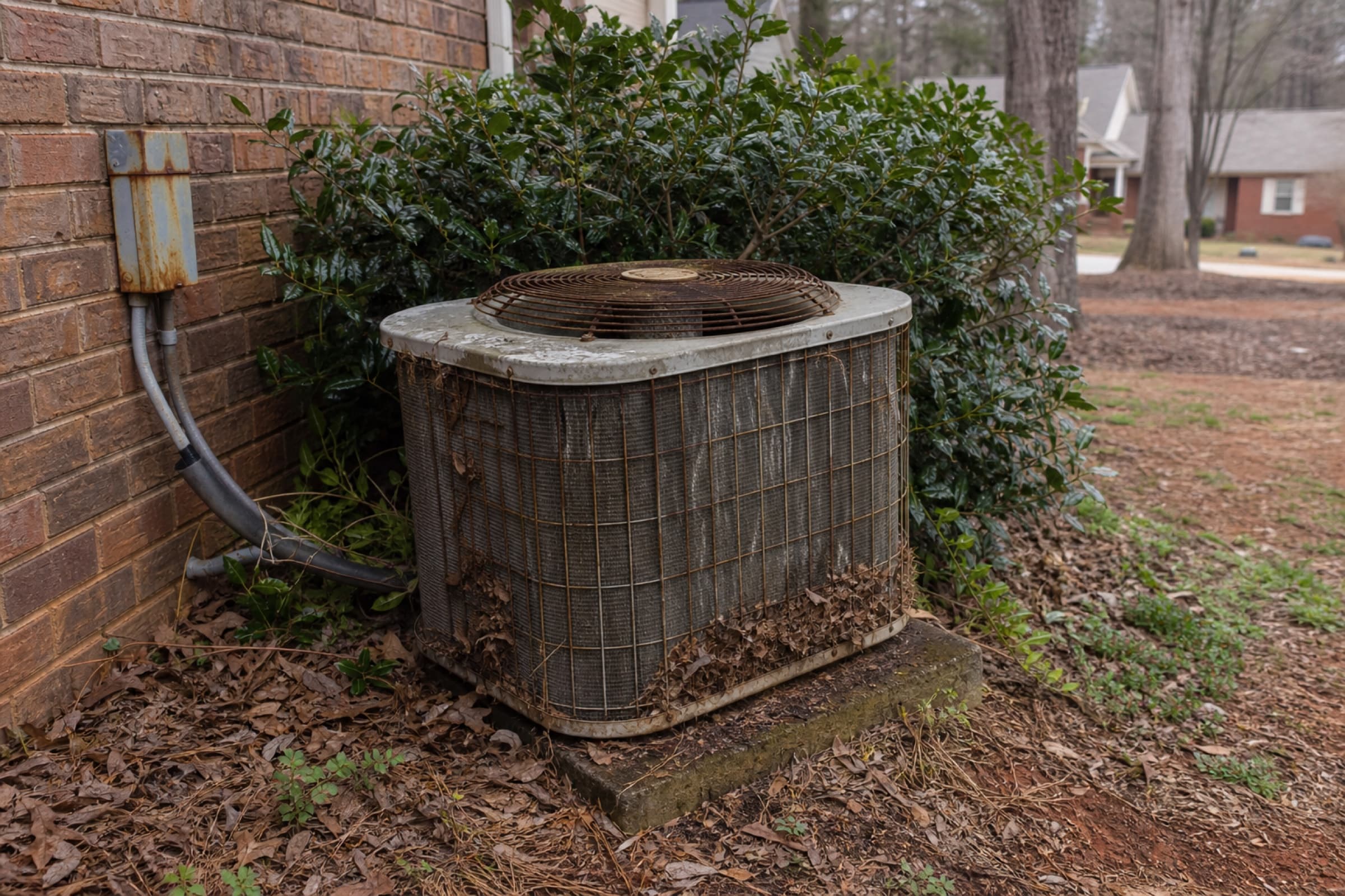 An ageing outdoor heat pump unit on a sunken pad with corroded fins and a rusted disconnect