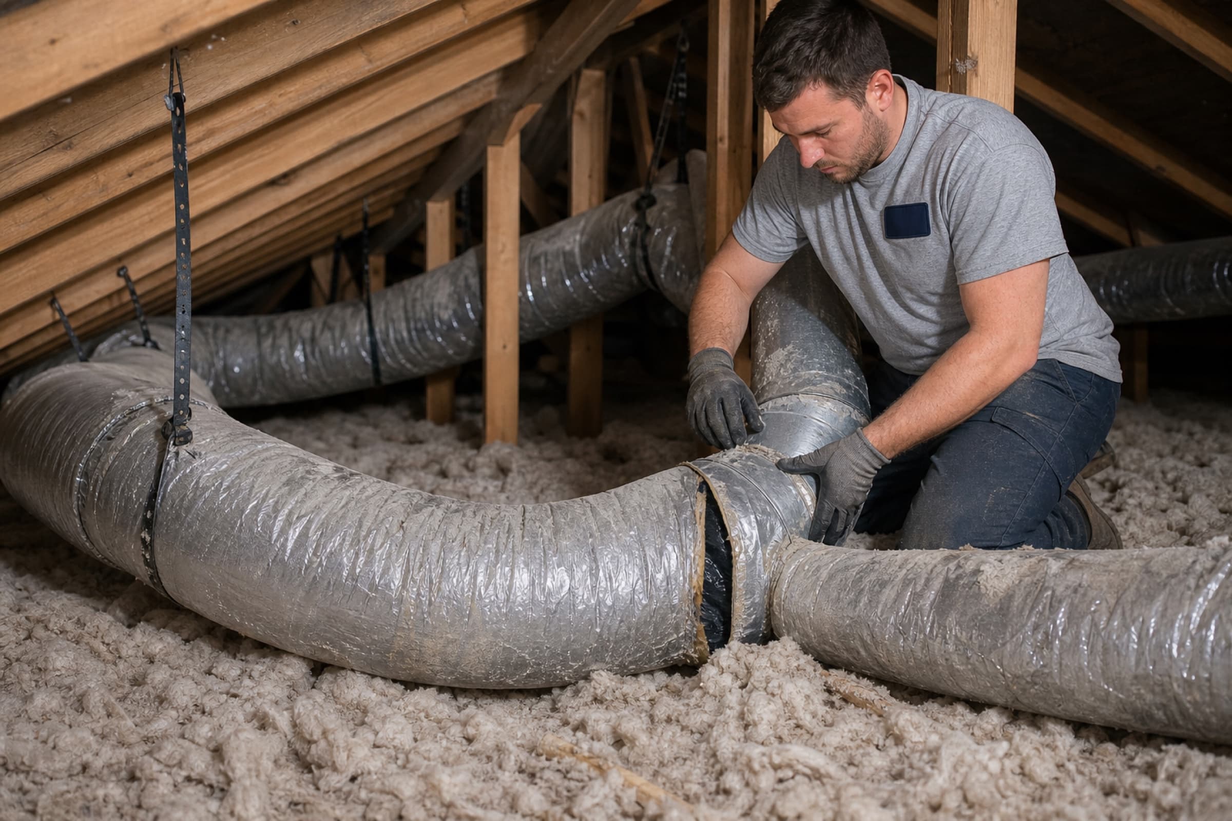 Attic flex duct sagging between supports with visible gaps at a boot connection