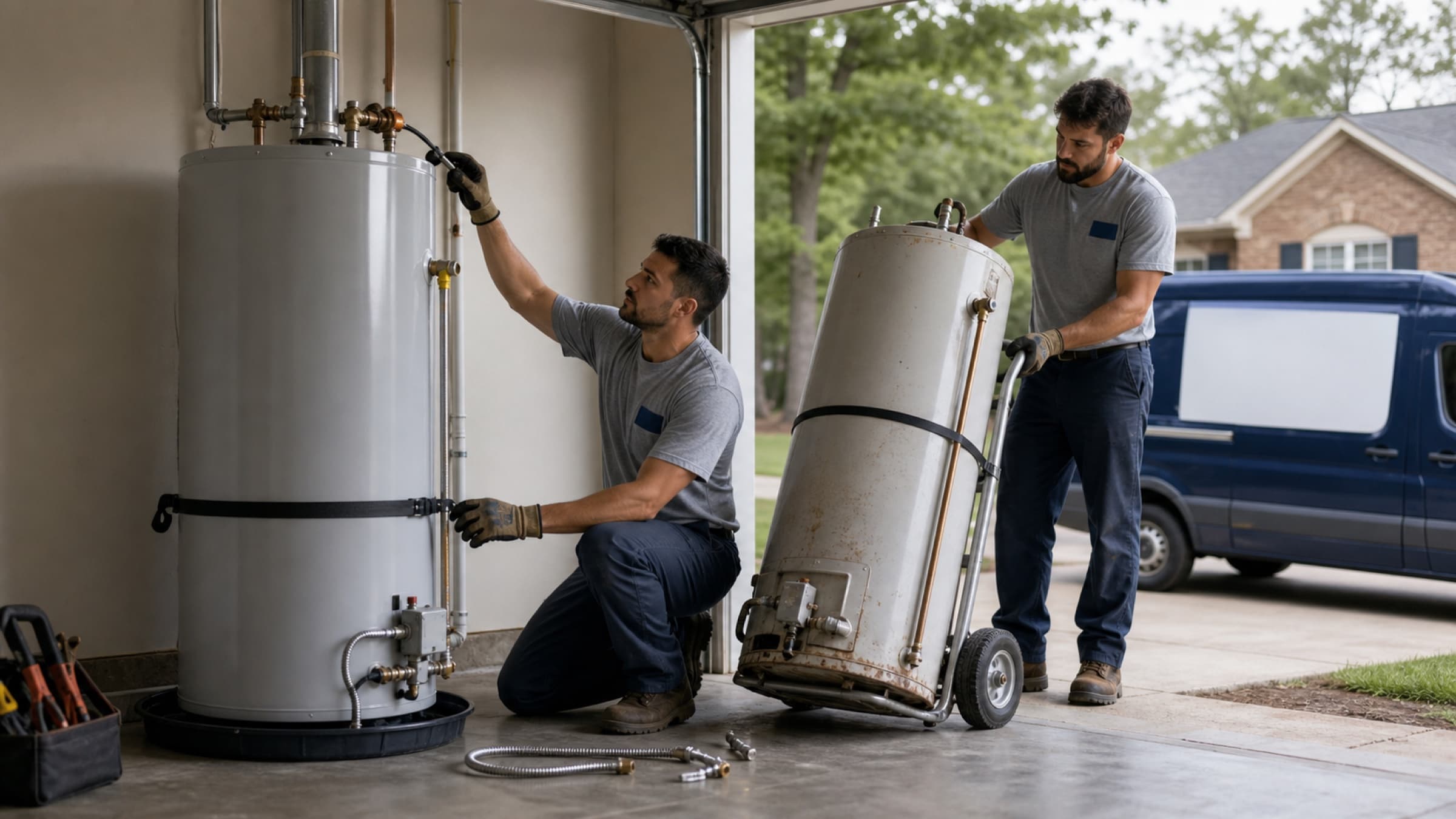 A gas water heater being replaced in a garage, the old unit on a dolly and the new one still strapped, with flexible connectors and a drain pan ready