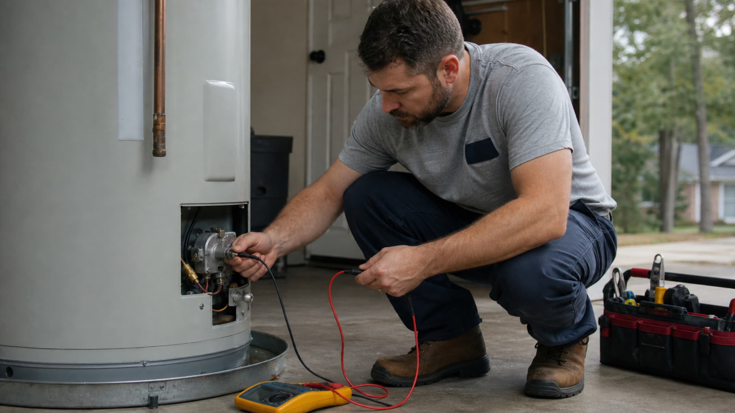 A plumber testing the gas control valve on a tank water heater with the access panel removed