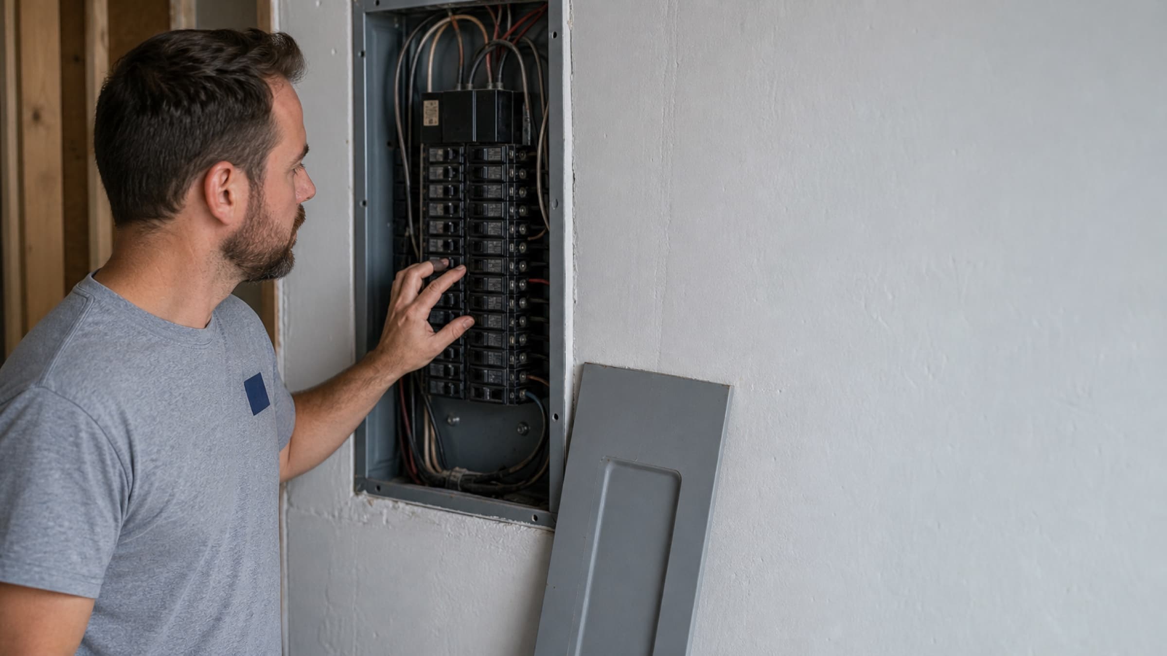 An open load centre with a technician's hand resting on a tripped breaker