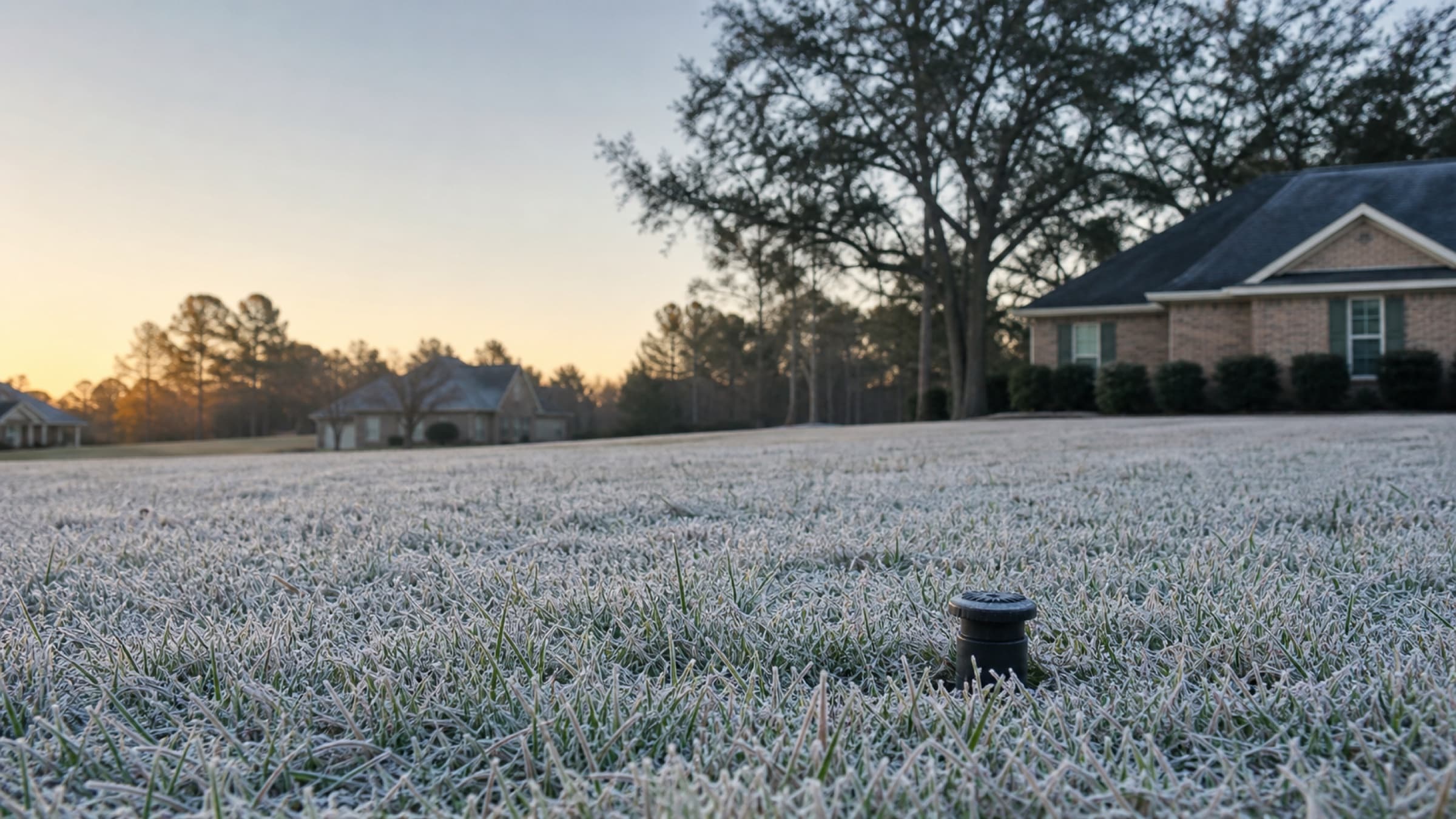 Frost on a lawn at dawn with an irrigation head just visible above the grass